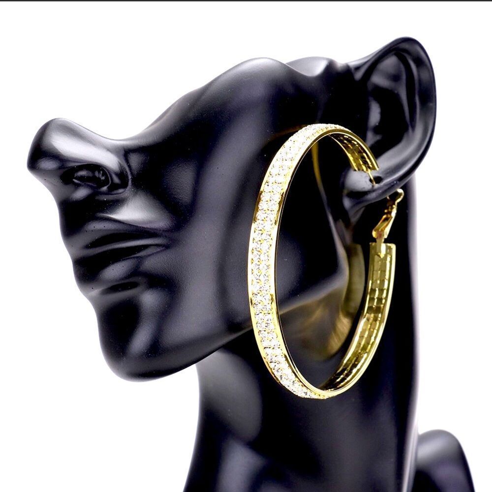 Gold Rhinestone Embellished Pave Metal Hoop Statement Earrings